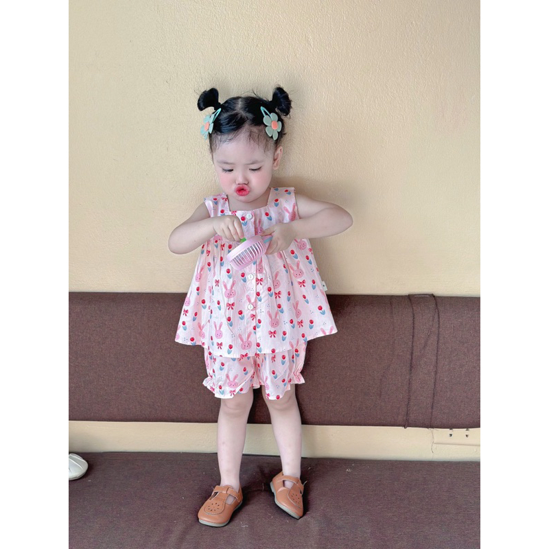 Bộ ba lỗ cho bé gái áo dáng babydoll quần nhún bèo dễ thương