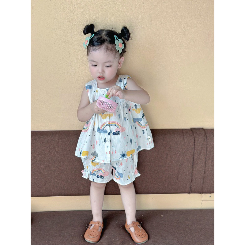 Bộ ba lỗ cho bé gái áo dáng babydoll quần nhún bèo dễ thương