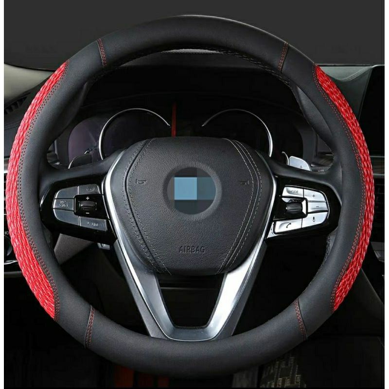 Bọc Vô Lăng Ô Tô Dập Gân Chỉ Đỏ Thể Thao - Bọc Tay Lái Xe Hơi - Da Pu, Ốp Ôm Khít, Chống Trơn, Size 38