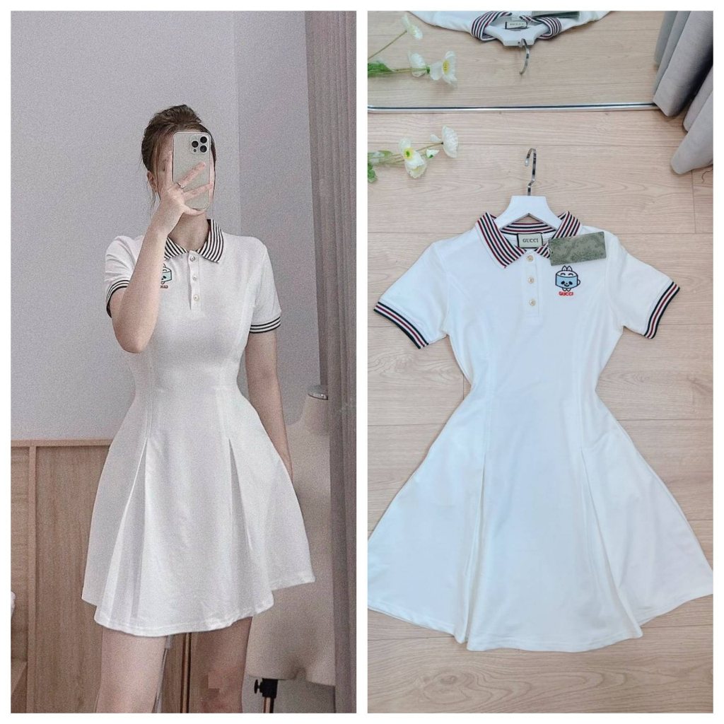 Váy polo trắng li eo phối cổ kẻ DN698