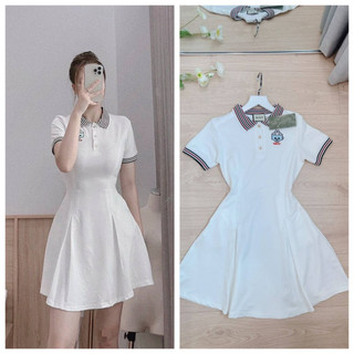 Váy polo trắng li eo phối cổ kẻ DN698