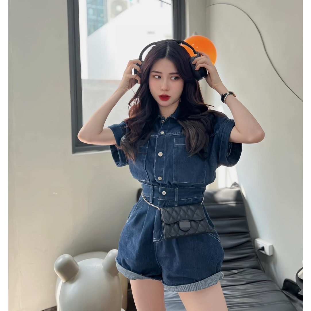 JUMPSUIT ĐỒ BAY NGẮN JEANS DENIM QUẦN GIẢ VÁY ỐNG RỘNG SUÔNG TRƠN CỔ SƠ MI BO EO ĐI TIỆC ĐI CHƠI DẠO PHỐ ĐI BIỂN