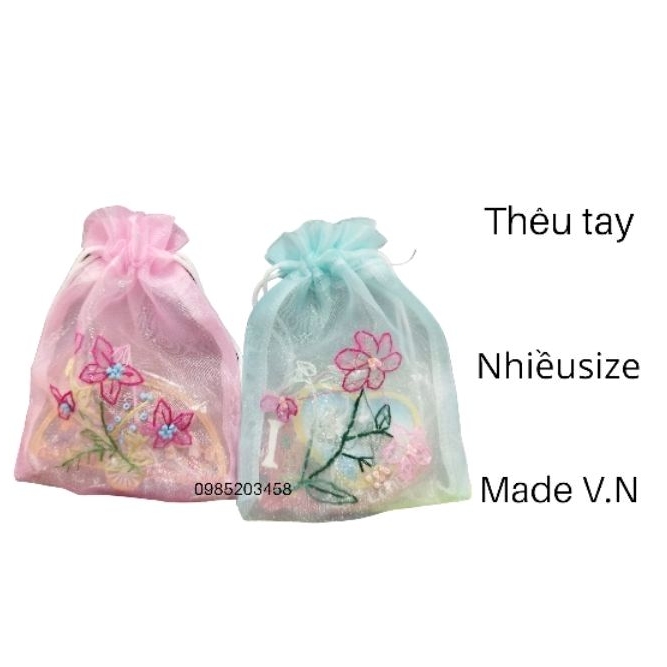 Túi vải rút dây thêu tay hình hoa các size, made Việt Nam - hand embroidered bag