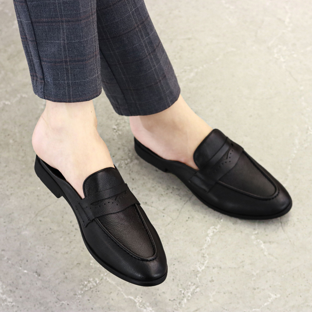 Giày sục nam da bò sần, da miu cao cấp đế cao su đúc - Bảo hành 12 tháng S011 màu đen