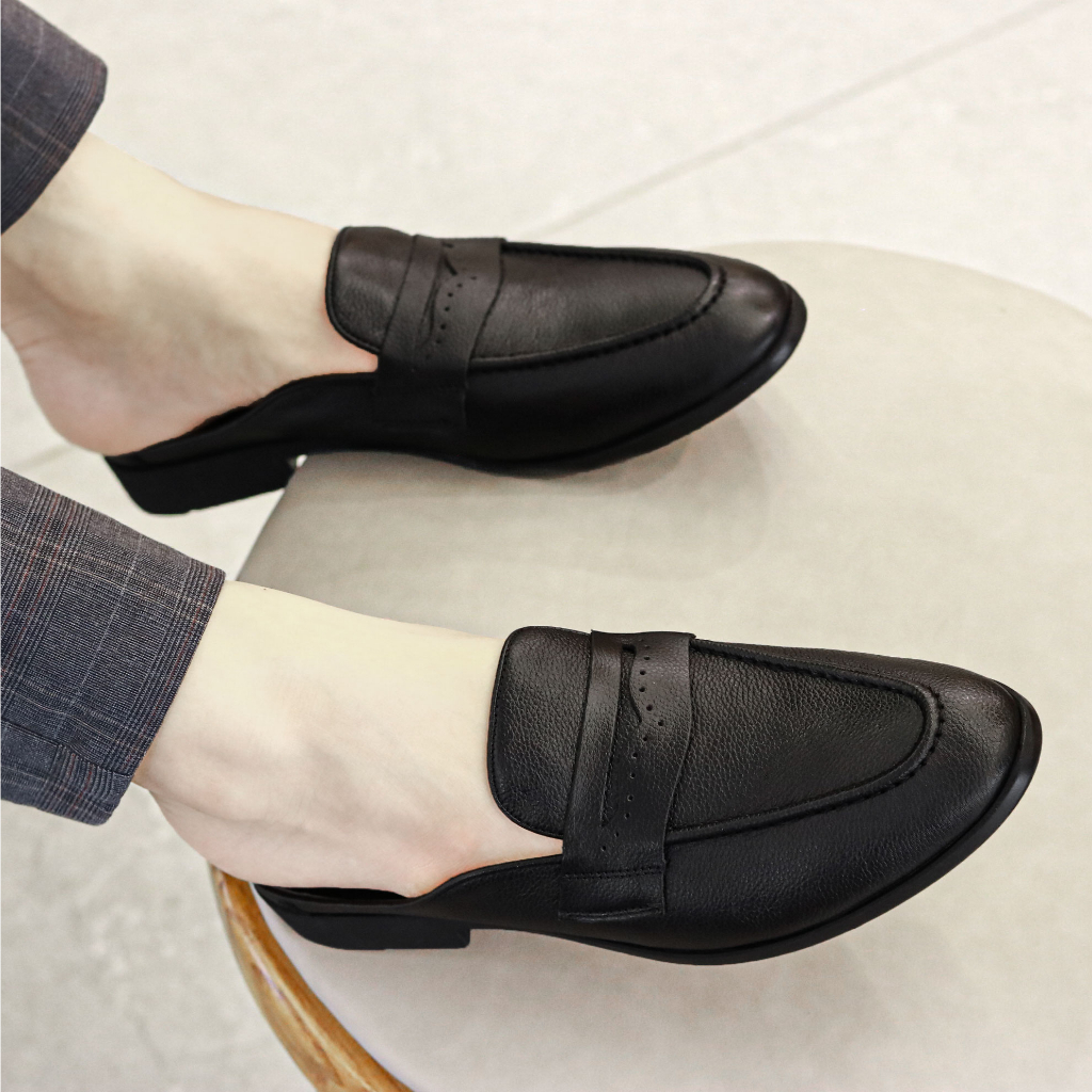 Giày sục nam da bò sần, da miu cao cấp đế cao su đúc - Bảo hành 12 tháng S011 màu đen