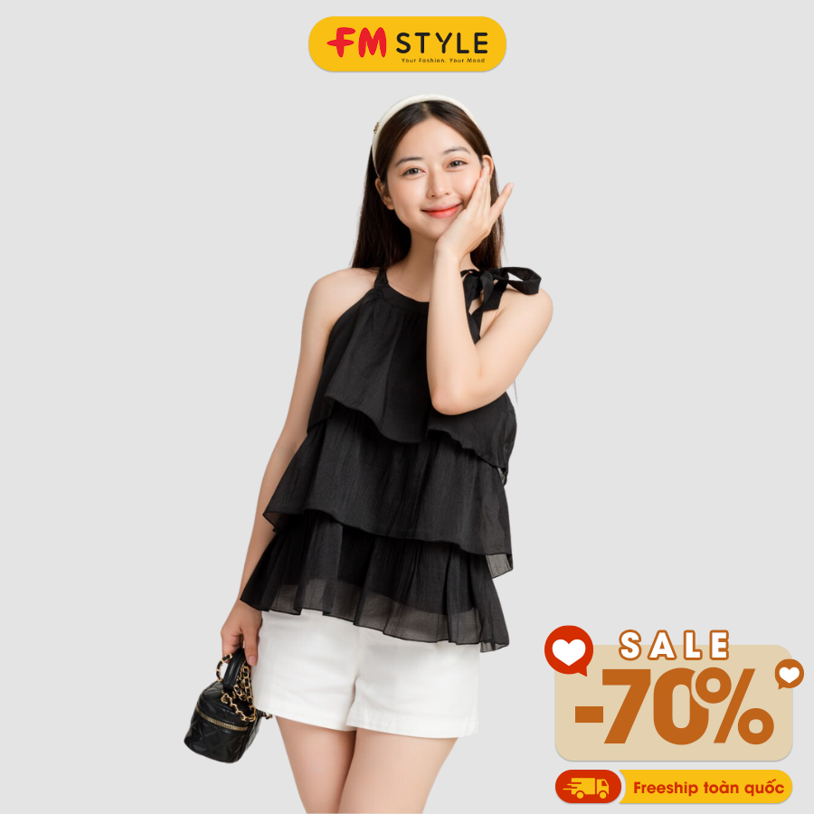 Áo kiểu cổ yếm buộc nơ hở vai chất voan lụa Fmstyle dáng baby doll xòe tầng sang chảnh mặc thoải mái 23031567