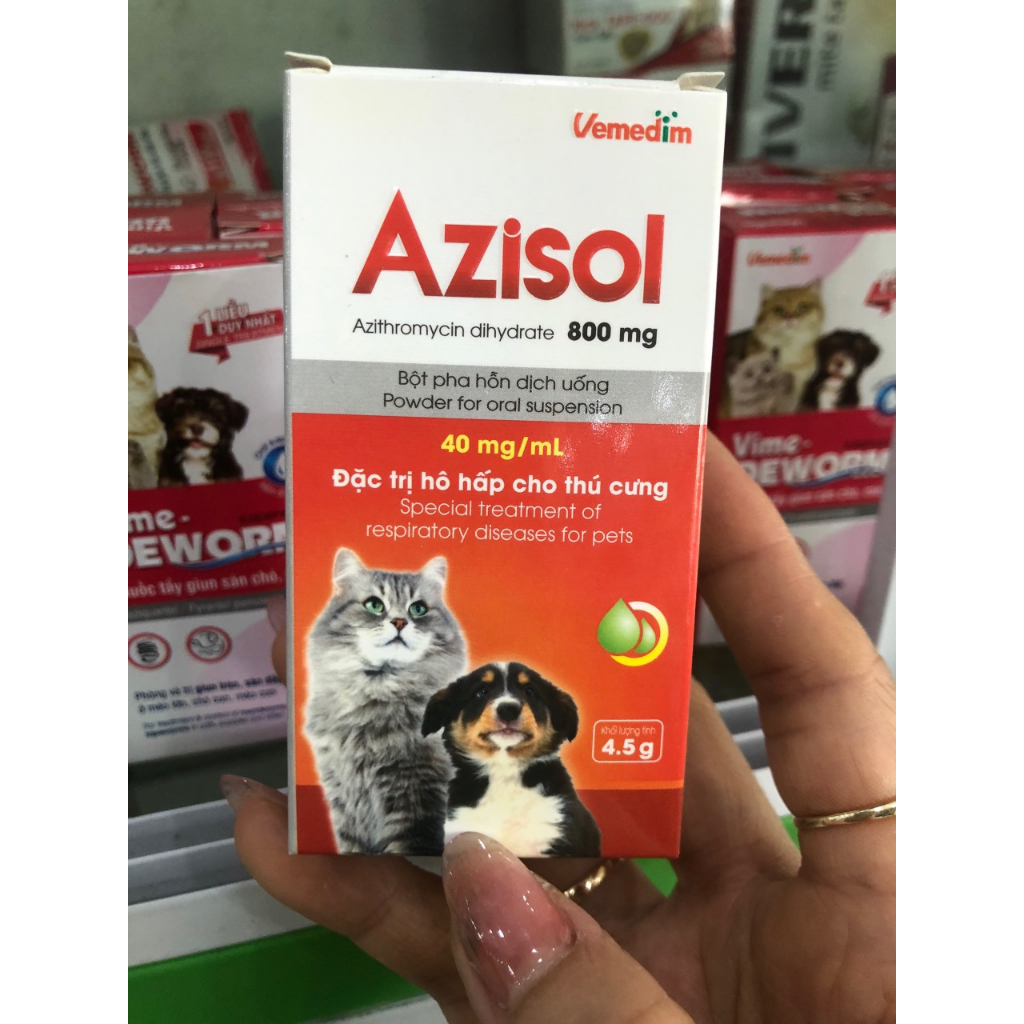 Azisol bột pha uống cho chó mèo phòng hô hấp, tiếu hóa, chai 4.5g