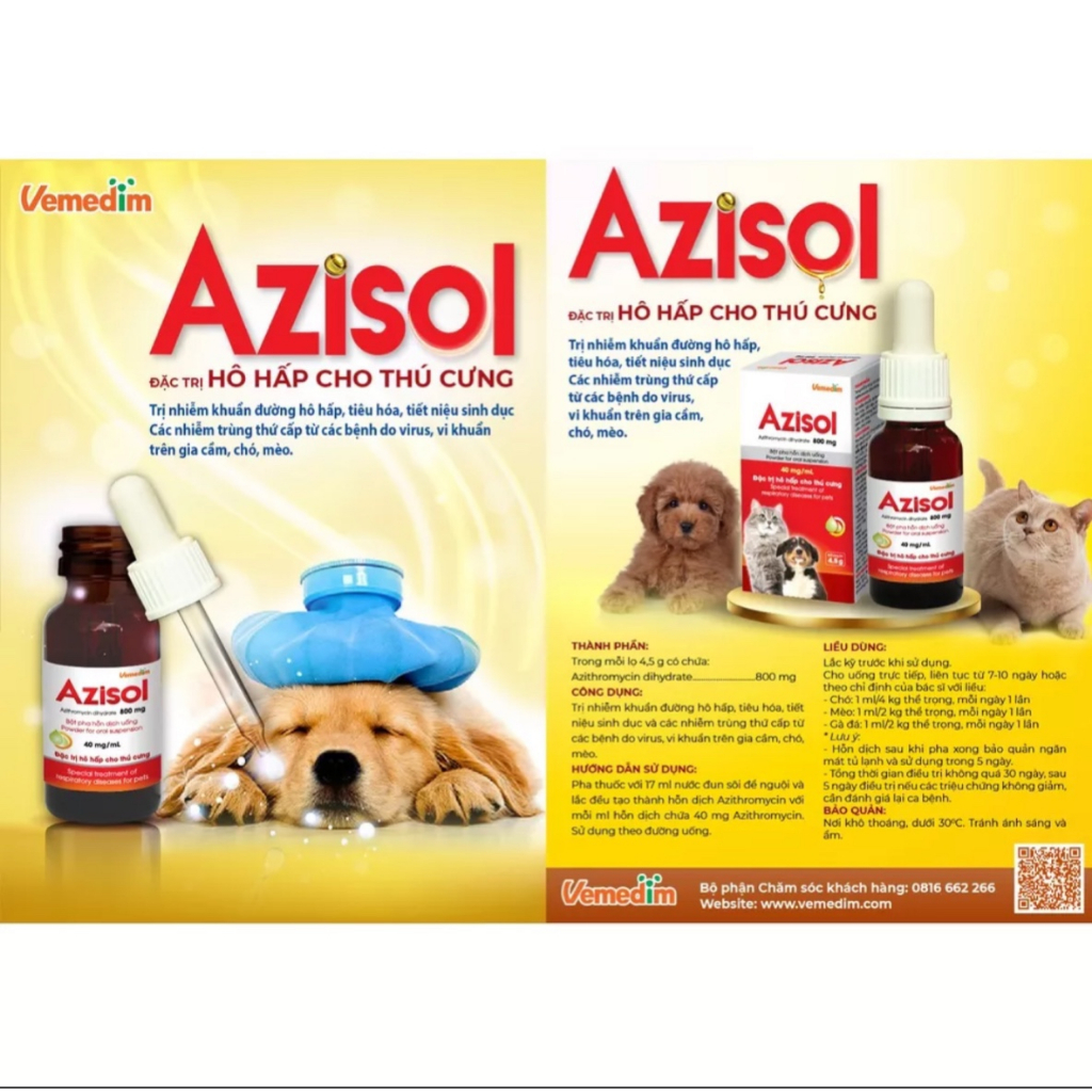 Azisol bột pha uống cho chó mèo phòng hô hấp, tiếu hóa, chai 4.5g