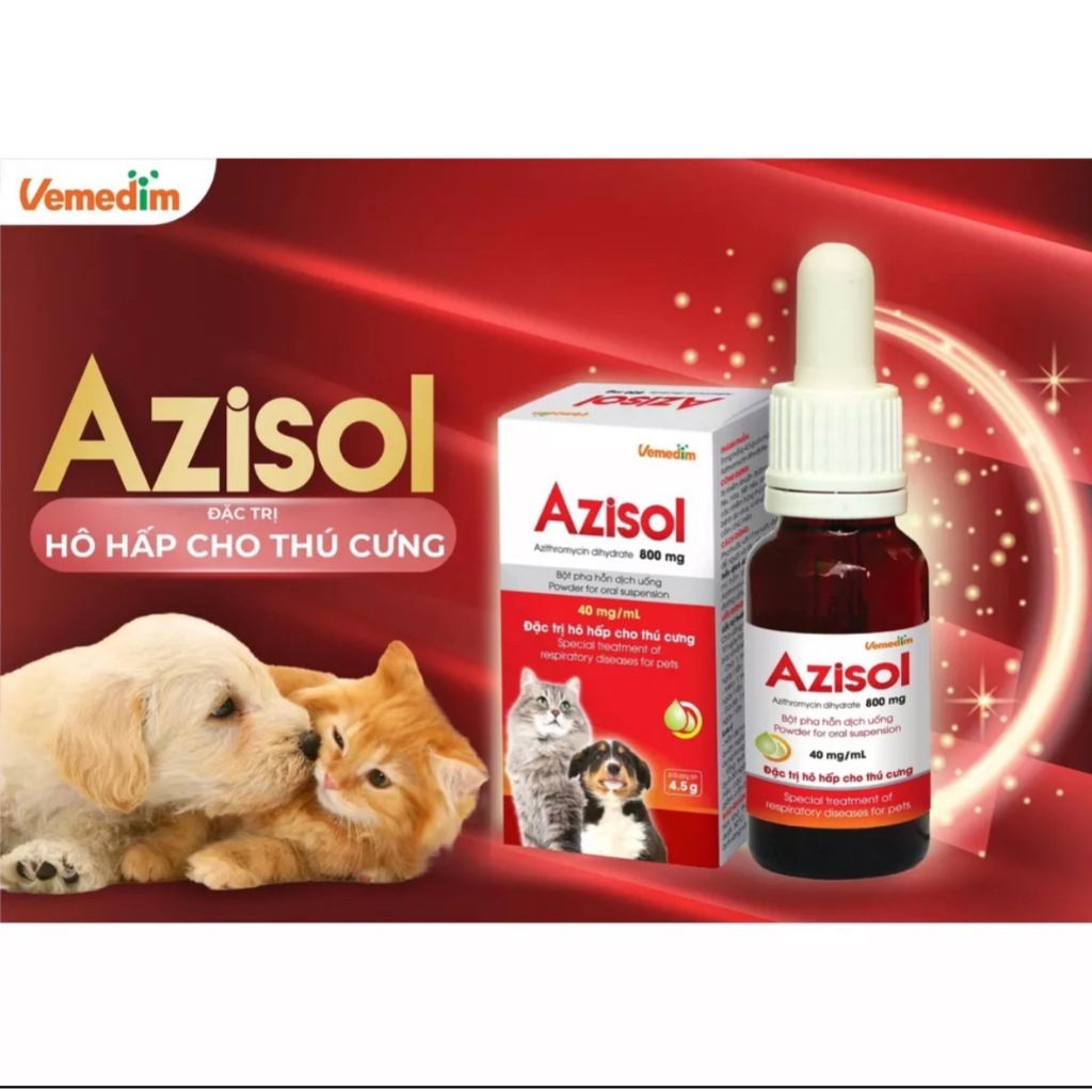 Azisol bột pha uống cho chó mèo phòng hô hấp, tiếu hóa, chai 4.5g
