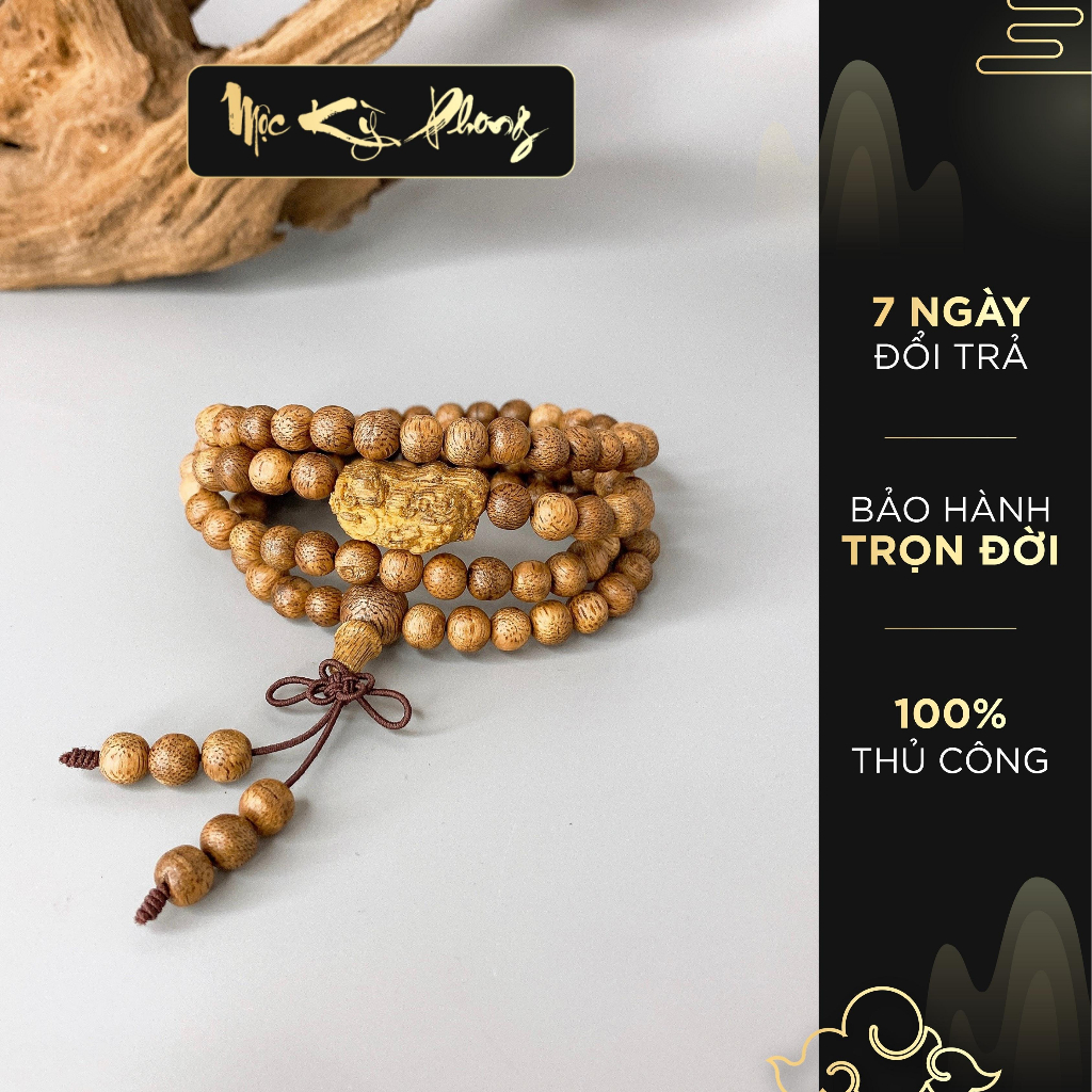 Vòng Trầm Hương Mix Tỳ Hưu 108 Hạt Nâu Sẫm Mộc Kỳ Phong - Bảo Hành Hương Thơm Trọn Đời