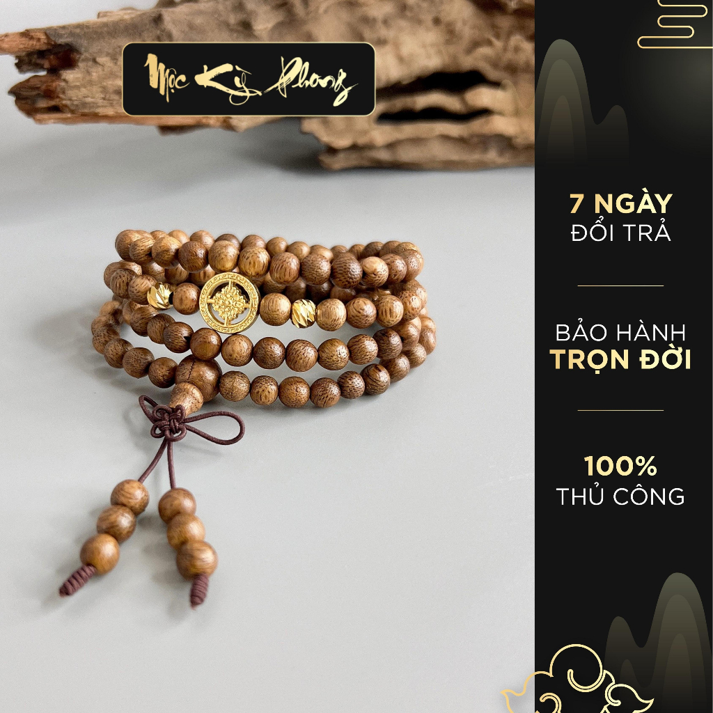 Vòng Trầm Hương Mix Bánh Xe Pháp Luân 108 Hạt Nâu Sẫm Mộc Kỳ Phong - Bảo Hành Hương Thơm Trọn Đời