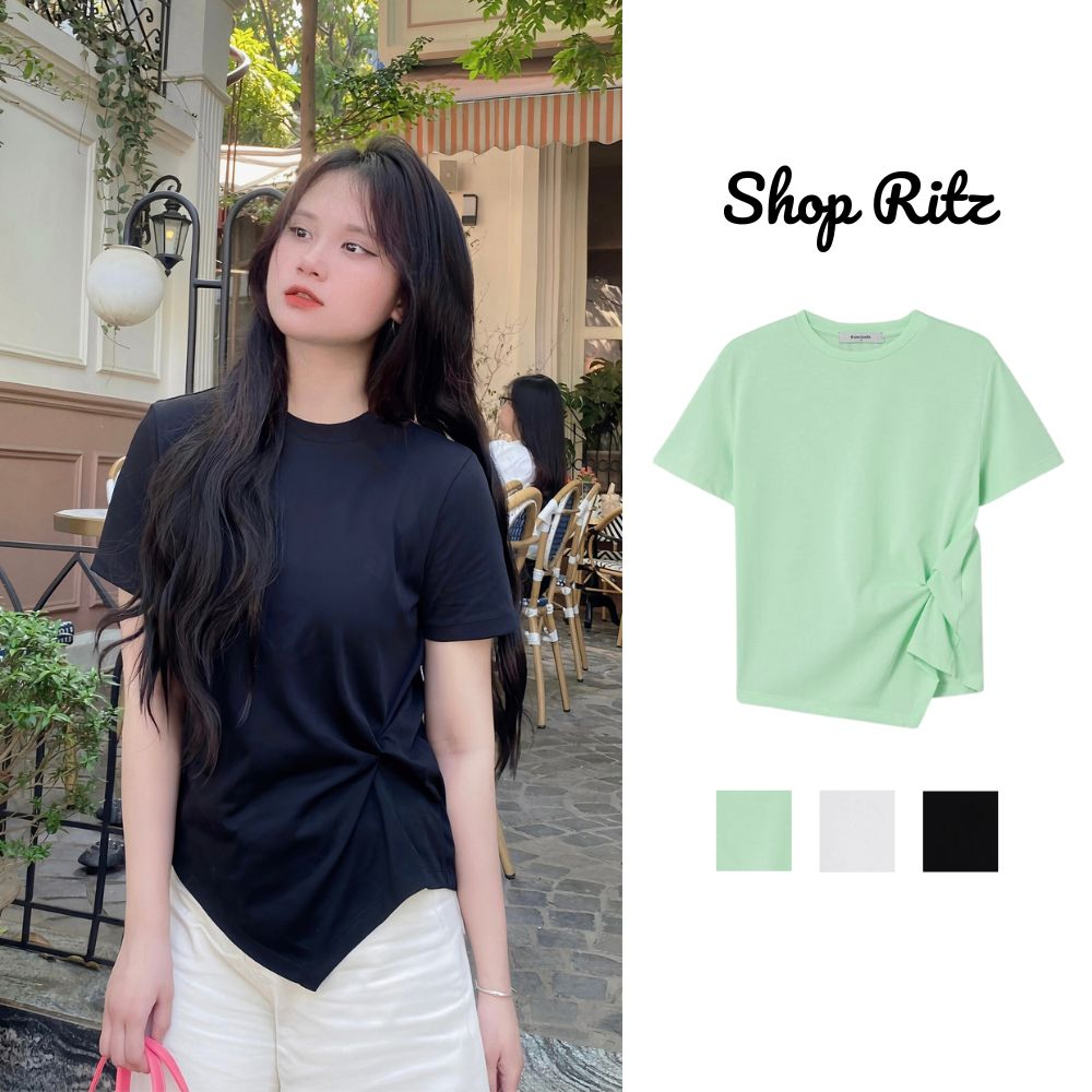 Áo phông nữ Hàn Quốc áo thun nữ cổ tròn vạt chéo xoắn eo gam màu trơn đủ size S M L cho người 43-65kg