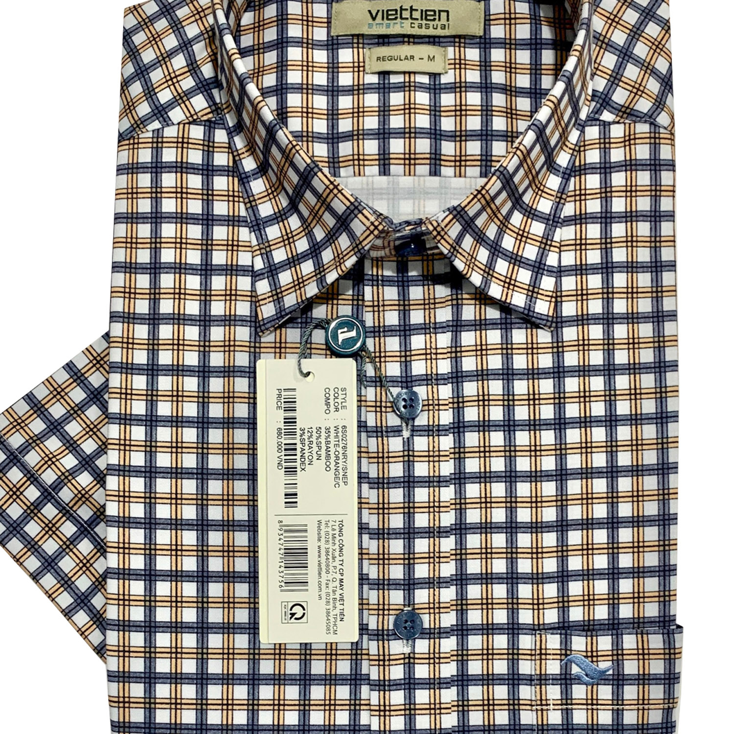 Việt Tiến - Áo sơ mi nam ngắn tay xẻ tà lai ngang Bamboo Regular ca rô 6S0276