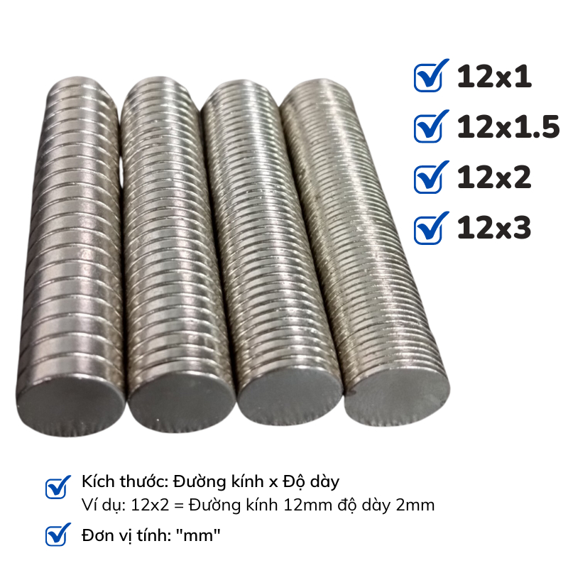 Nam châm tròn đường kính 12x1mm, 12x1.5mm, 12x2mm, 12x3mm nam châm đất hiếm lực hút siêu mạnh N35