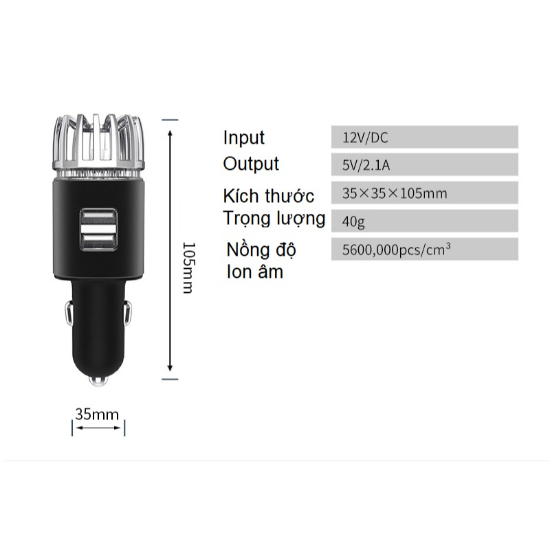 Máy lọc không khí mini kiêm tẩu sạc ô tôkhử mùi, tạo ion âm Tặng kèm dây sạc 3 đầu 2in1 Car Air purifier