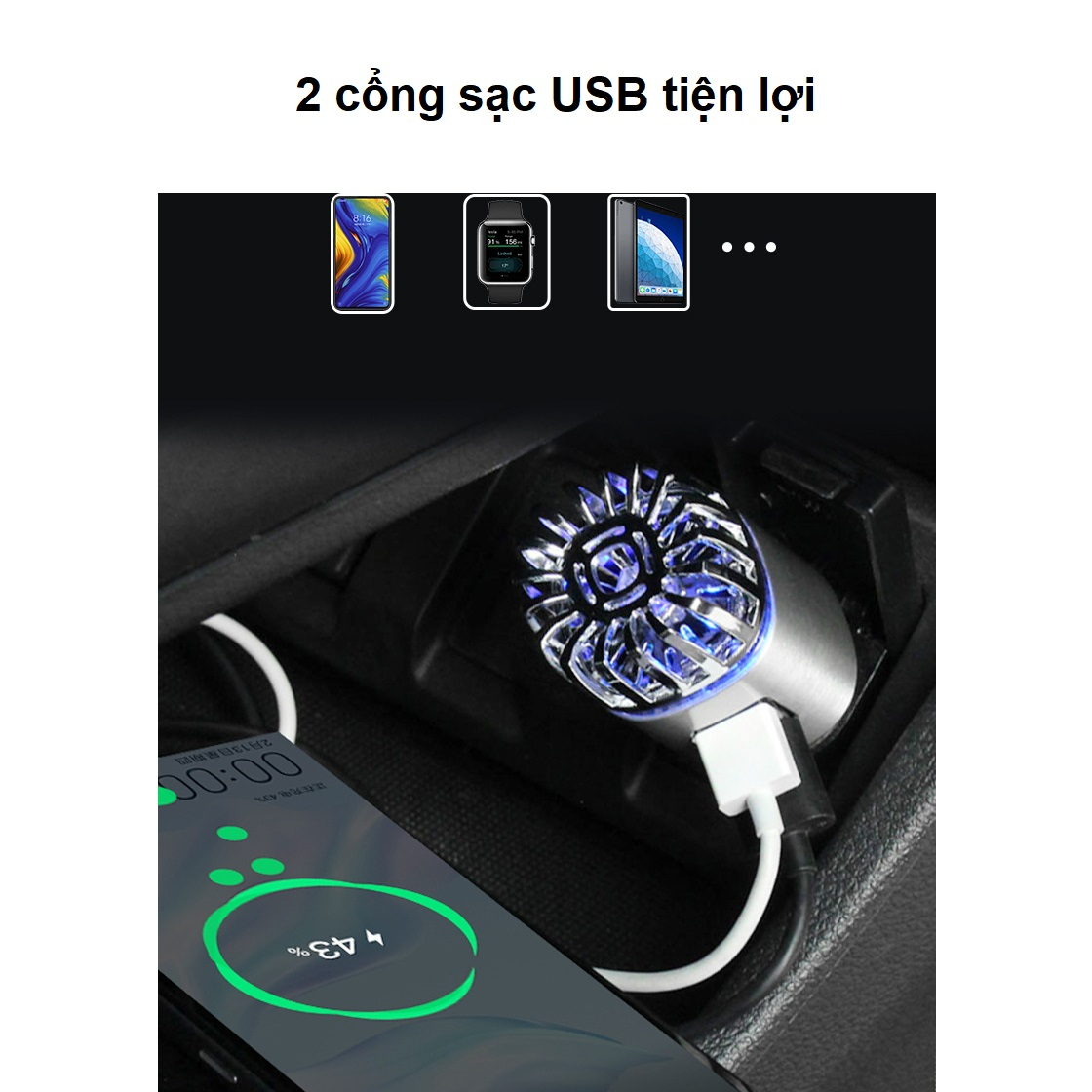 Máy lọc không khí mini kiêm tẩu sạc ô tôkhử mùi, tạo ion âm Tặng kèm dây sạc 3 đầu 2in1 Car Air purifier