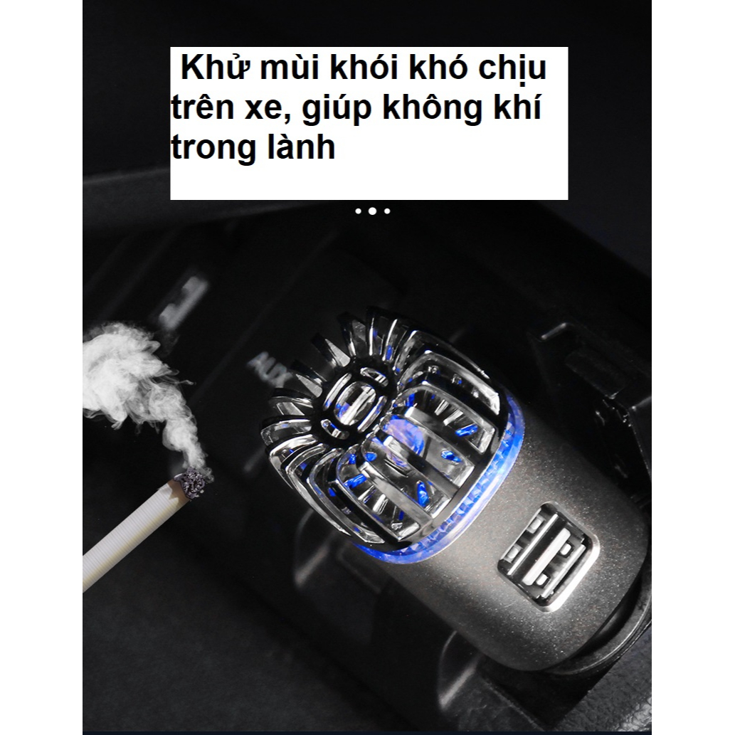 Máy lọc không khí mini kiêm tẩu sạc ô tôkhử mùi, tạo ion âm Tặng kèm dây sạc 3 đầu 2in1 Car Air purifier