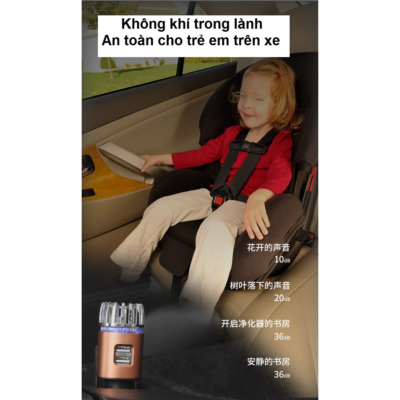 Máy lọc không khí mini kiêm tẩu sạc ô tôkhử mùi, tạo ion âm Tặng kèm dây sạc 3 đầu 2in1 Car Air purifier