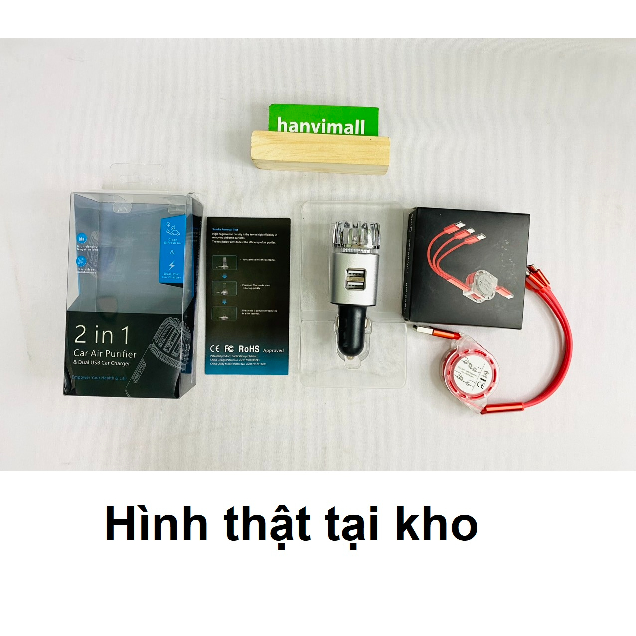 Máy lọc không khí mini kiêm tẩu sạc ô tôkhử mùi, tạo ion âm Tặng kèm dây sạc 3 đầu 2in1 Car Air purifier