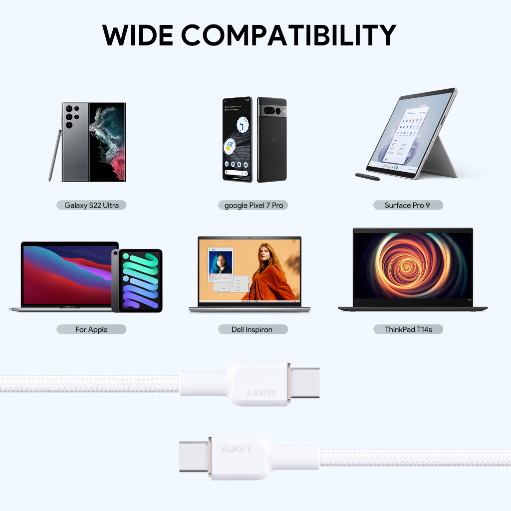 Cáp sạc nhanh Aukey CB-NCC1/2 Type C to C dây sạc 60W 480Mbps bện nylon 1/1.8m đen/Trắng cho Samsung Xiaomi MacBook Nintendo Switch