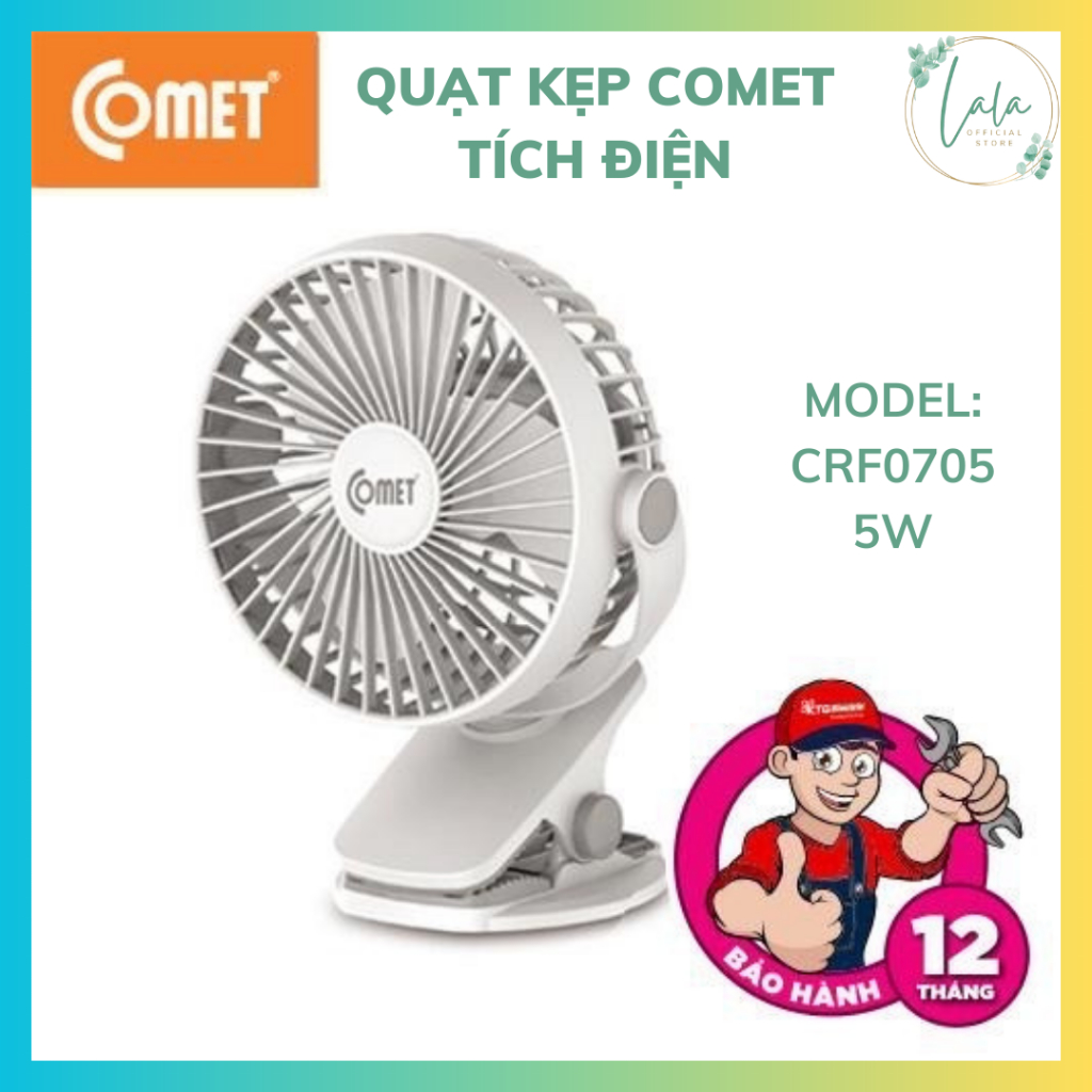 Quạt kẹp bàn, sạc mini, tích điện COMET CRF0705, kẹp xe đẩy em bé, kẹp nôi, kẹp trong ô tô hoặc để bàn xoay 360 độ