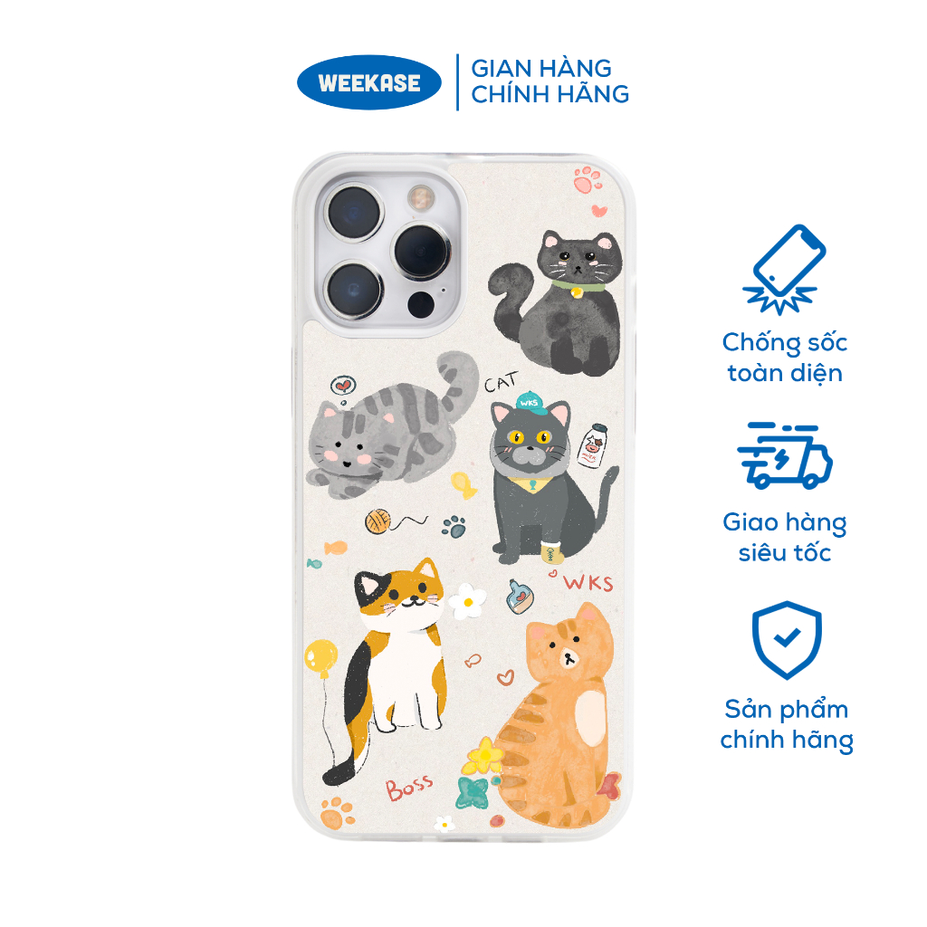 Ốp lưng iPhone viền trắng, đen chống sốc chống va đập Weekase in hình 5 mèo chibi - Màu in cực bền