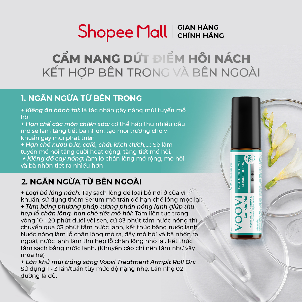 Lăn khử mùi VOOVI lăn nách ngăn mùi hôi nách 72h không làm ố quần áo làm sáng vùng da dưới cánh tay 10ml