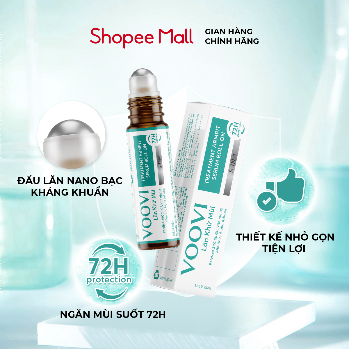 Lăn khử mùi VOOVI lăn nách ngăn mùi hôi nách 72h không làm ố quần áo làm sáng vùng da dưới cánh tay 10ml