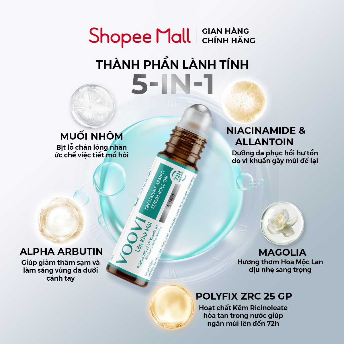 Lăn khử mùi VOOVI lăn nách ngăn mùi hôi nách 72h không làm ố quần áo làm sáng vùng da dưới cánh tay 10ml