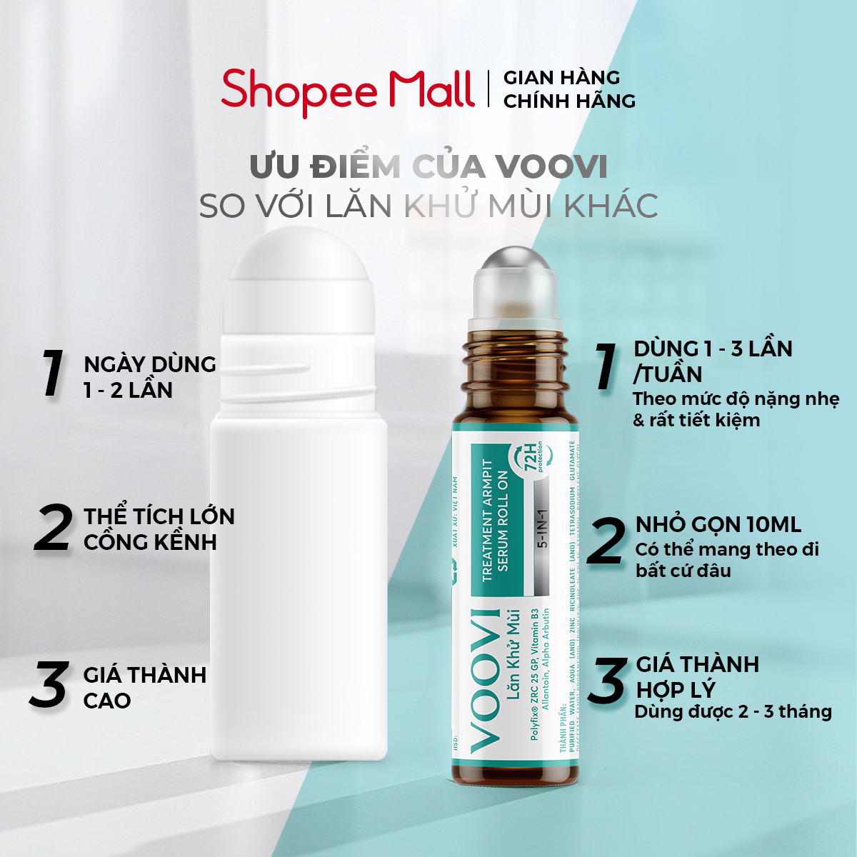 Lăn khử mùi VOOVI lăn nách ngăn mùi hôi nách 72h không làm ố quần áo làm sáng vùng da dưới cánh tay 10ml