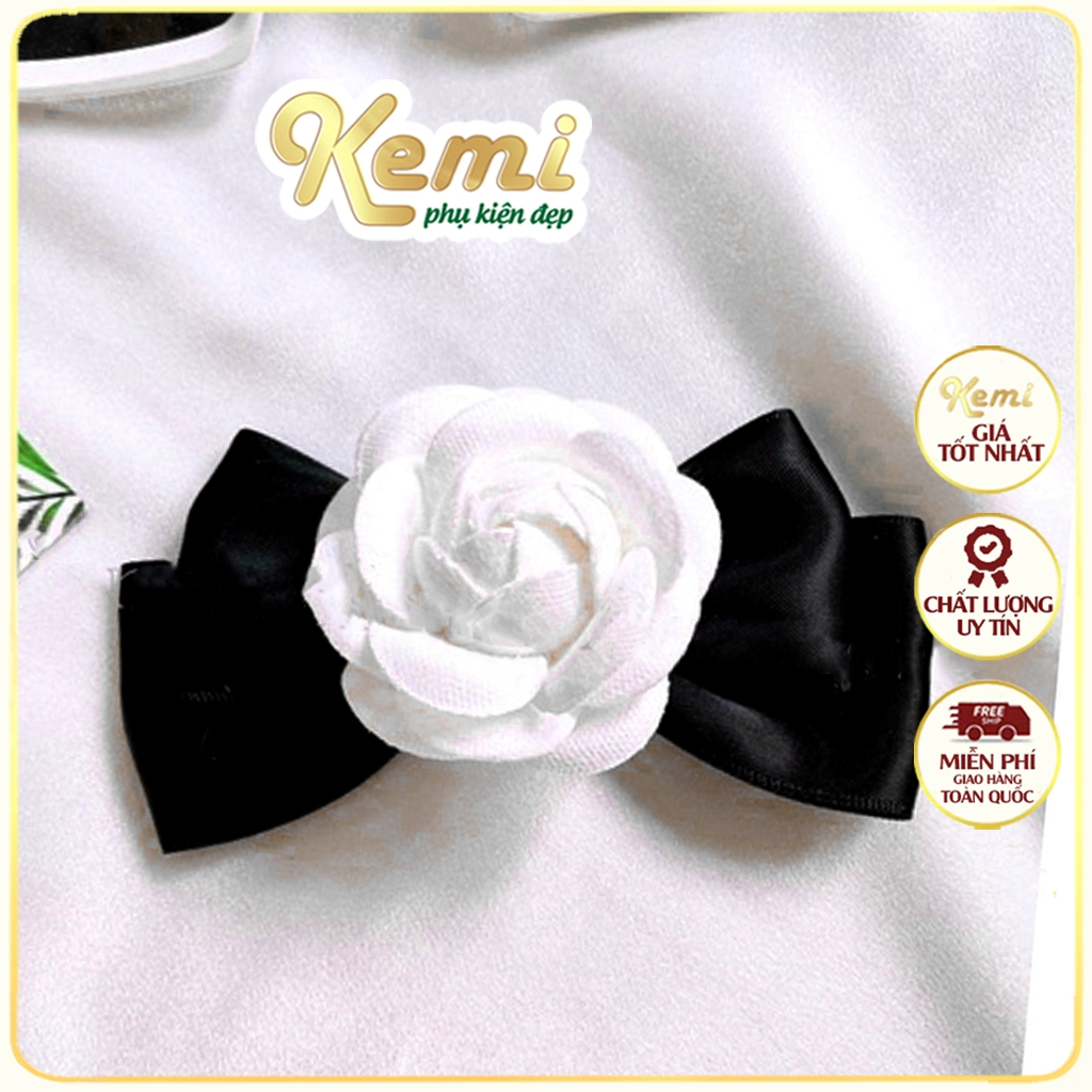 Bông cài áo hoa trà phối lụa bản lớn, phụ kiện trang trí váy, áo, đầm kích thước 8x11 cm