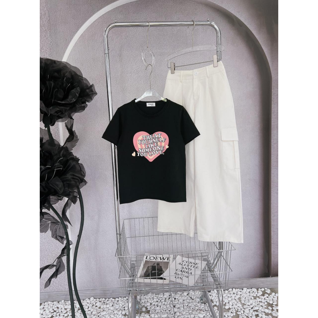 SET ÁO ĐEN IN TRÁI TIM + QUẦN TRẮNG TÚI HỘP