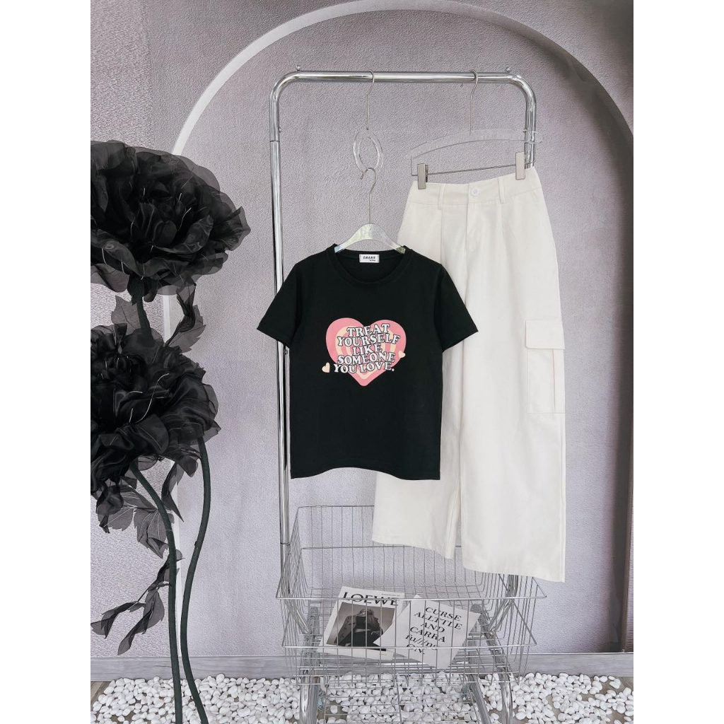 SET ÁO ĐEN IN TRÁI TIM + QUẦN TRẮNG TÚI HỘP