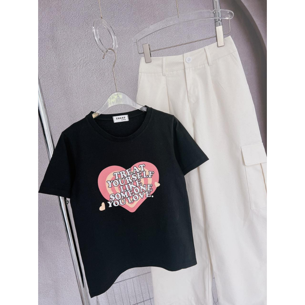 SET ÁO ĐEN IN TRÁI TIM + QUẦN TRẮNG TÚI HỘP