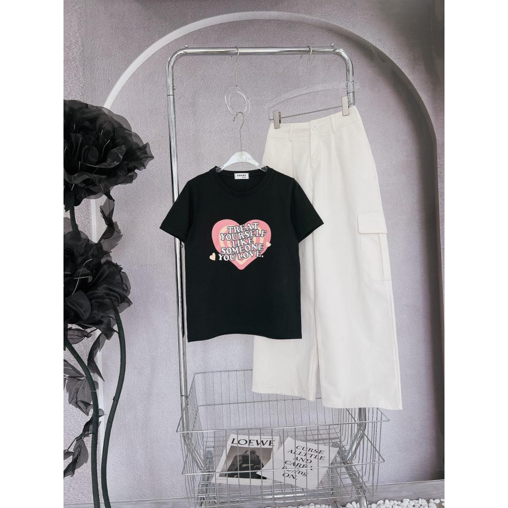 SET ÁO ĐEN IN TRÁI TIM + QUẦN TRẮNG TÚI HỘP