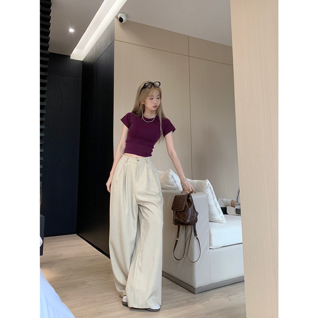 SET ÁO CROPTOP TÍM CẨM + QUẦN SUÔNG KEM (TH) ONEC