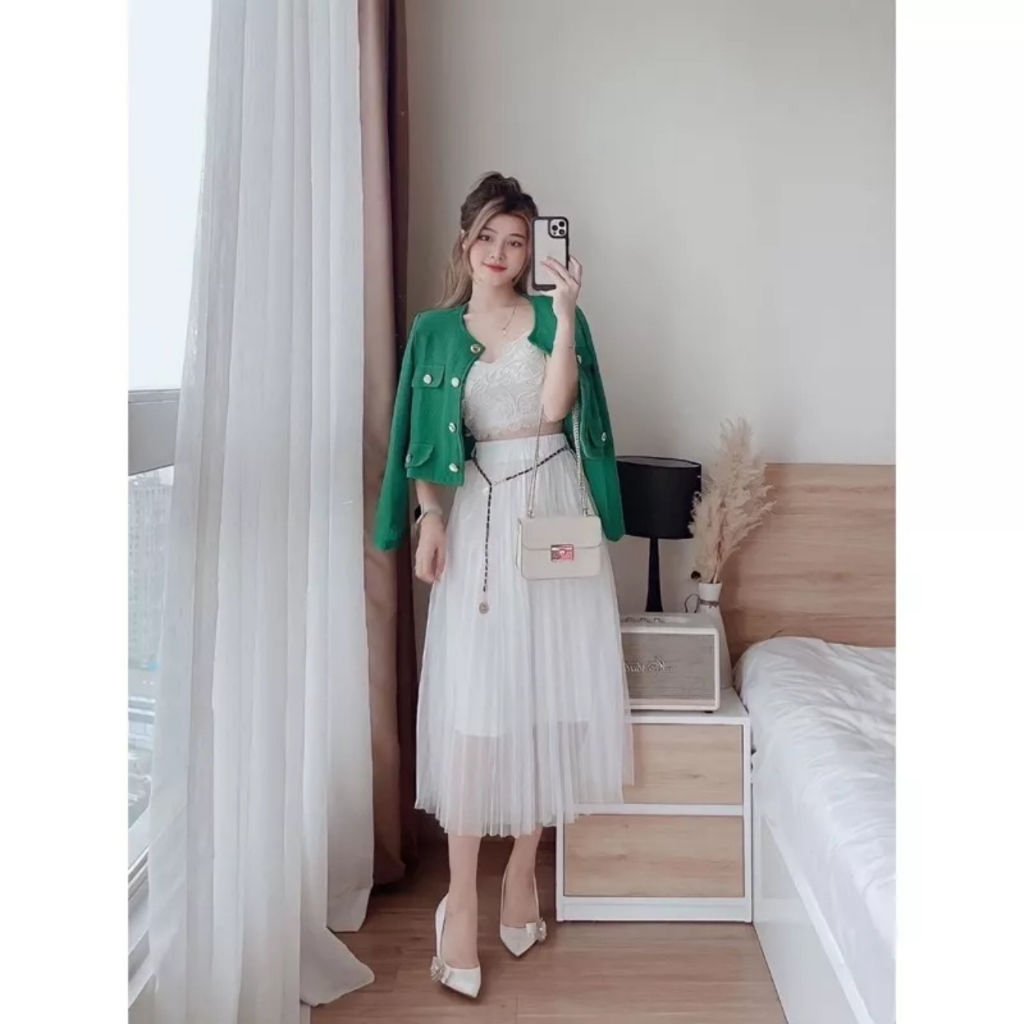 Chân váy voan dài , chân váy xếp ly lưới 3 lớp kèm đai xích tiểu thư dáng dài hàng Quảng Châu cao cấp nhiều màu