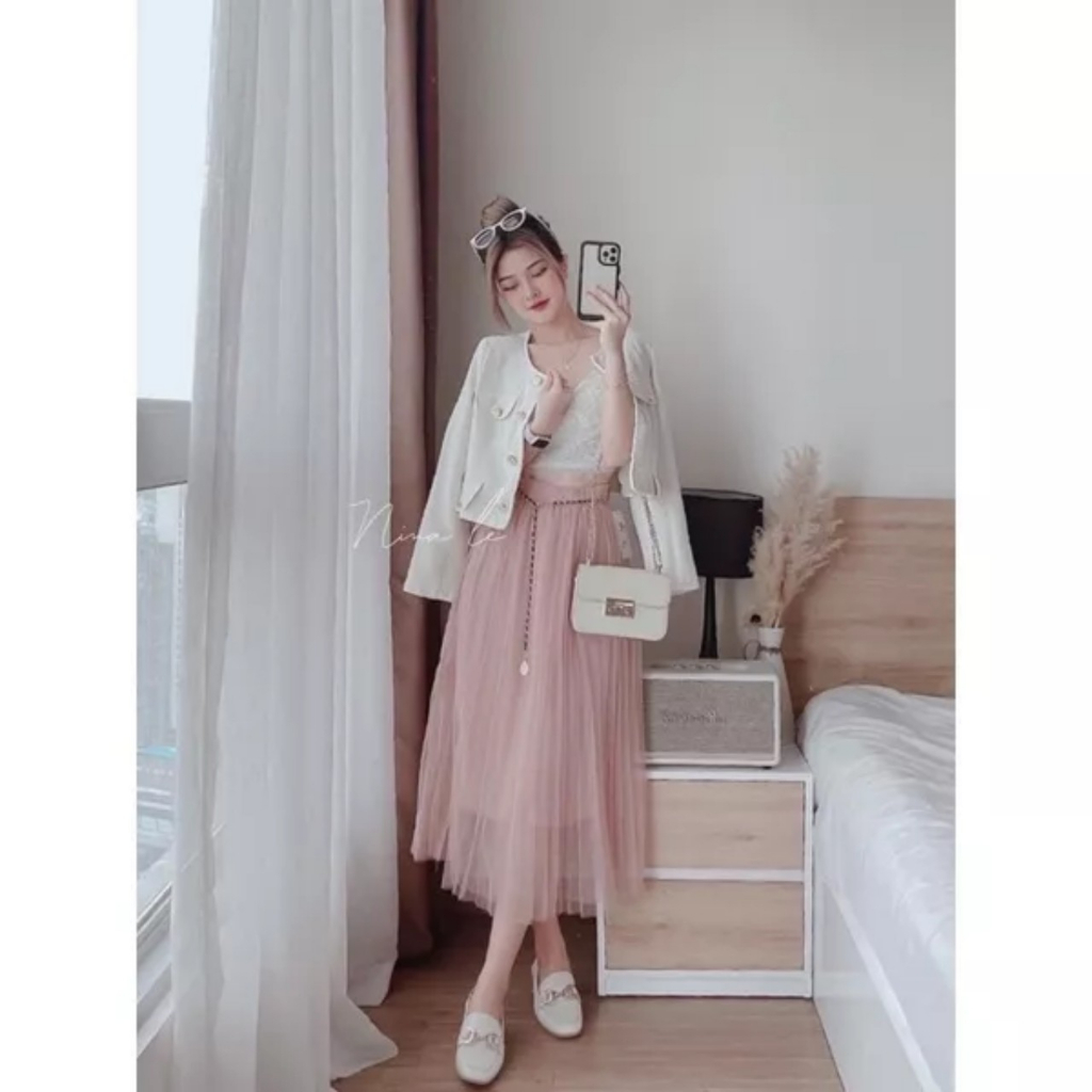 Chân váy voan dài , chân váy xếp ly lưới 3 lớp kèm đai xích tiểu thư dáng dài hàng Quảng Châu cao cấp nhiều màu