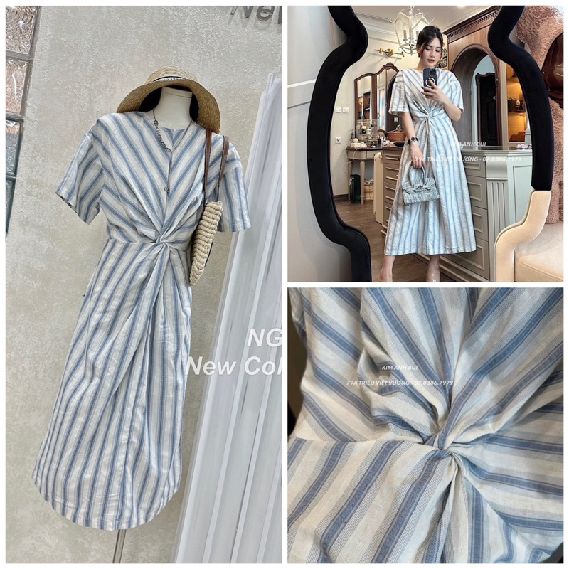 Váy xuông cộc tay dúm eo hoạ tiết kẻ xanh