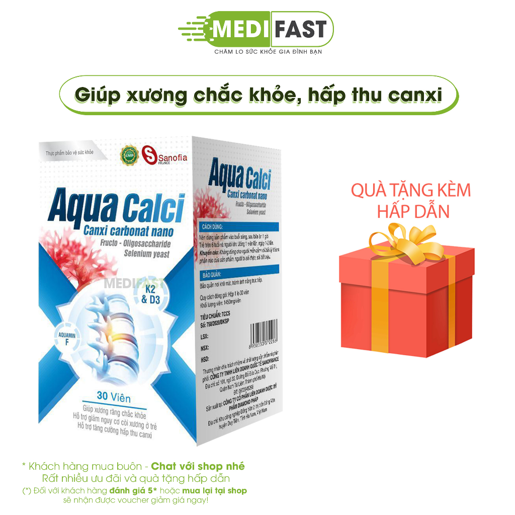 Canxi Aqua Canlci và Vitamin D3 giúp chắc xương giảm loãng xương ở người lớn, răng chắc khỏe phát triền chiều cao