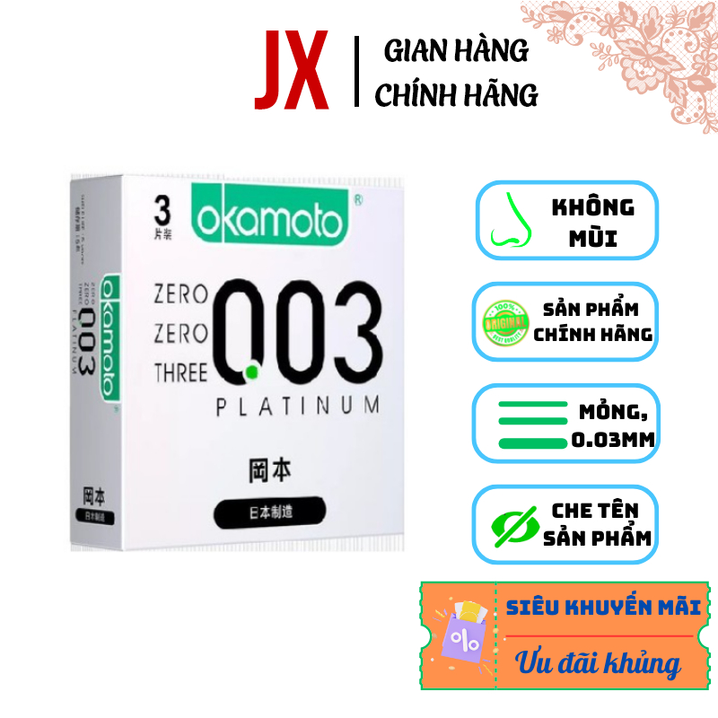 [DEAL SỐC][CHÍNH HÃNG] Bao Cao Su Okamoto Platinum 003, Nhật Bản, Hộp 3 cái, Siêu mỏng mềm mại bó sát tăng khoái cảm