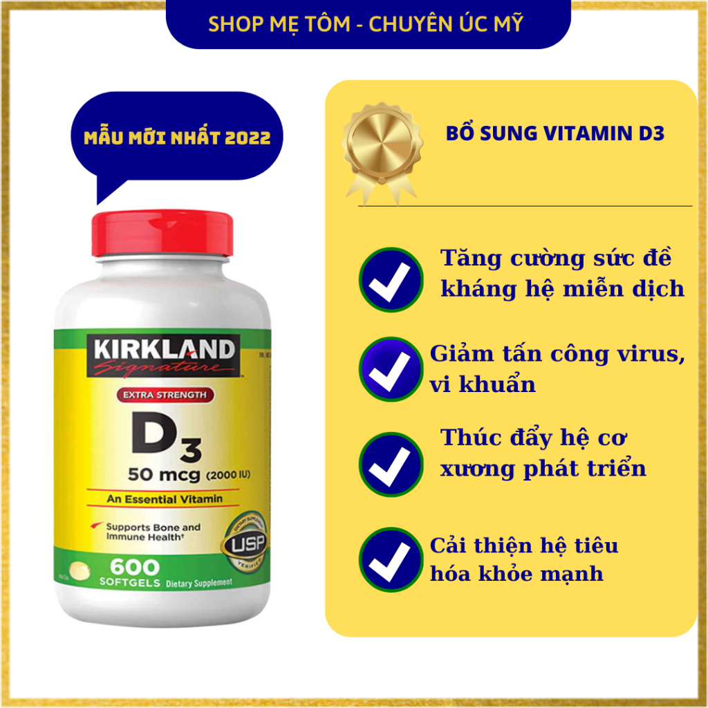 Viên uống bổ sung Vitamin D3 2000iu hãng Kirkland của Mỹ, hộp 600 viên, giúp tăng cường hấp thụ canxi và phốt pho