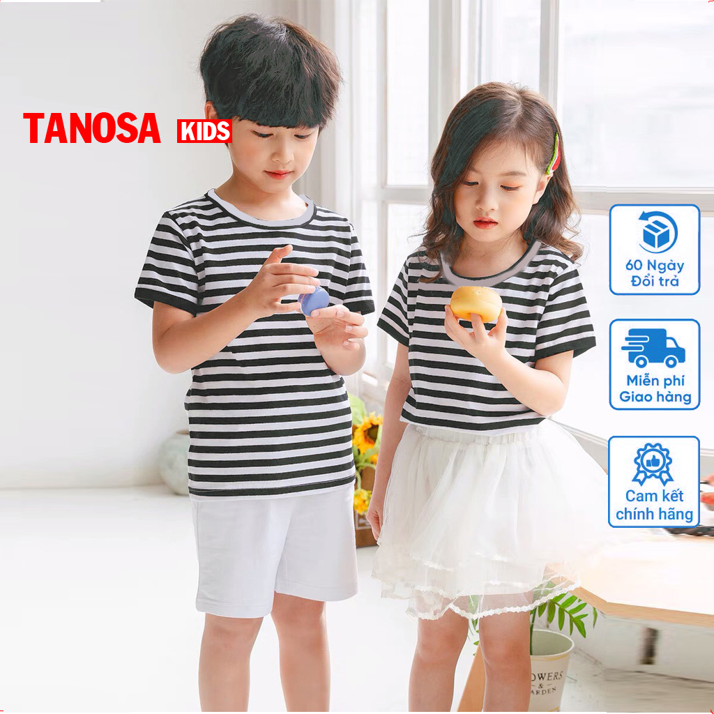 Áo thun kẻ cộc tay tANOSA chất cotton cho bé trai, bé gái 10-40kg Mẫu phông kẻ hè hàng chính phẩm