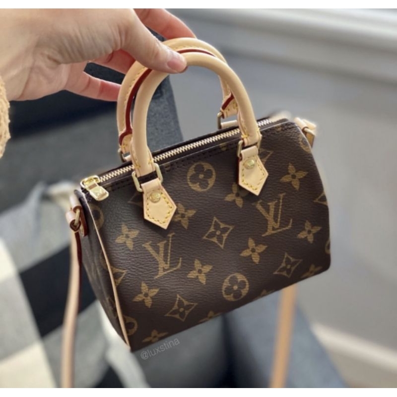 Túi nữ đẹp thời trang LV nano mini sz17cm hoa nâu quai kem lót kèm code fullbox 2 lớp