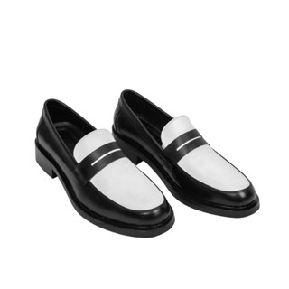 Giày Tây Penny Loafer Đen Trắng Da Bò Đế khâu MCKAY / BLAKE Gót Gỗ 3cm - Giày lười nam công sở