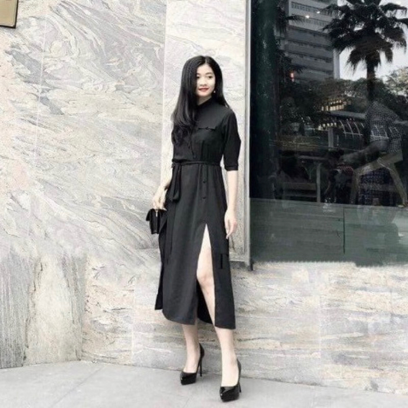 Đầm đen nút bọc xẻ tà (kèm hình thật)