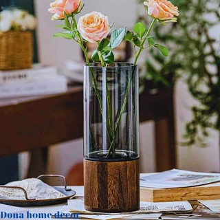 BÌNH HOA TRỤ THỦY TINH ĐẾ GỖ