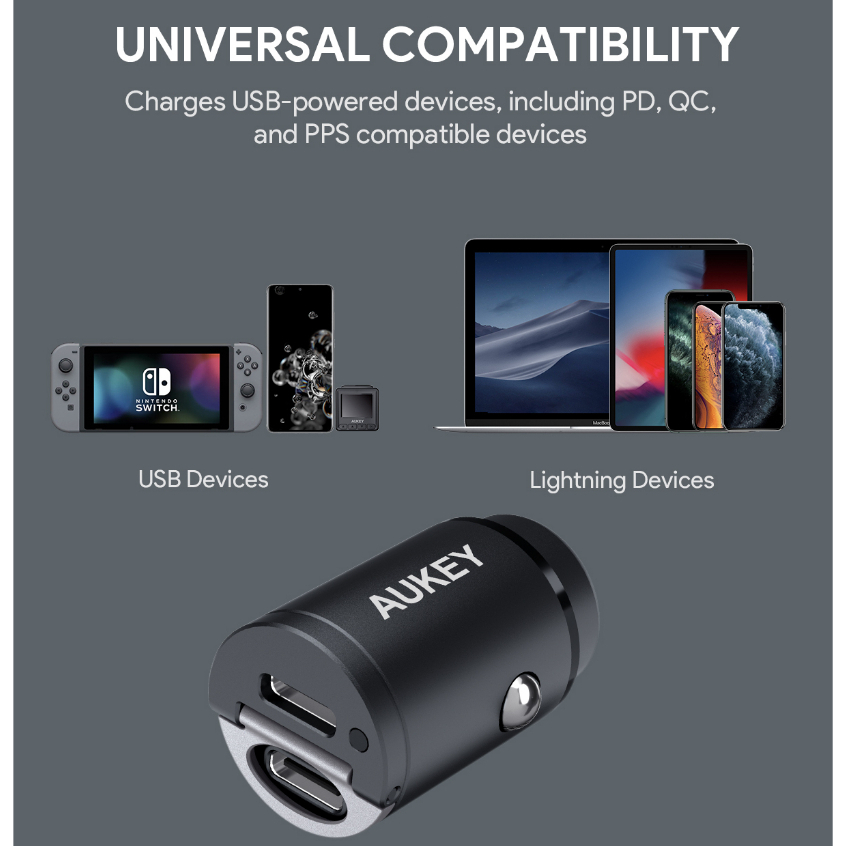 Tẩu sạc ô tô AUKEY CC-A4 tẩu xạc sạc nhanh ô tô QC3.0 PD30W 2*USB-C 5A usb Mini Cho iPhone 14 13 Pro Max Xiaomi | BigBuy360 - bigbuy360.vn