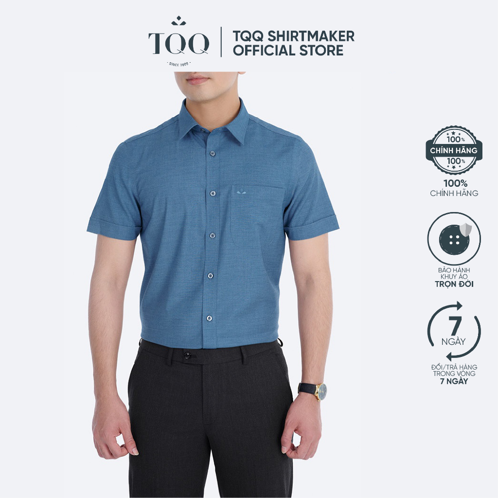 Áo sơ mi ngắn tay M96CB xanh xước dáng slimfit công sở chất vải thoáng mát mềm mịt chống nhăn