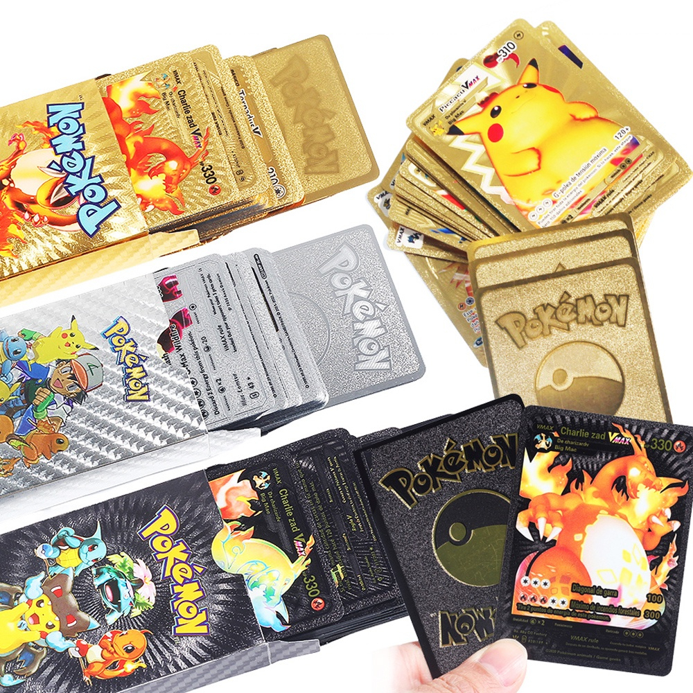 Bộ Thẻ Bài Pokemon Kim Loại Mạ Vàng, Bạc, Đen 27, 55, 110, 150 Lá VMAX, GX Siêu Đẹp (Tiếng Anh)